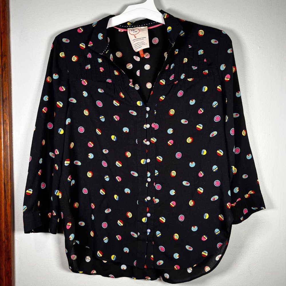 Anthropologie Conversations Shirt 13/32 Limited Edition Black with Buttons Desig